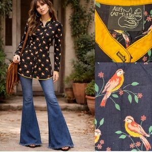 Betsey Johnson ALLEY CAT Vintage 70s BIRD Print Tunic Top Short Dress RARE